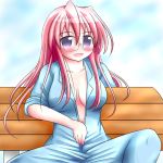  abe_takakazu_(cosplay) blush breasts cosplay glasses jumpsuit kuragi_(moon) kuso_miso_technique lucky_star open_clothes open_shirt parody pink_hair shirt sitting sleeves_rolled_up solo takara_miyuki yaranaika 