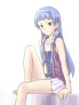  barefoot blue_hair blunt_bangs flat_chest g-tetsu hair_tubes highres kannagi legs long_hair nagi sitting skirt smile 