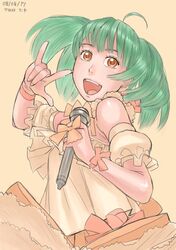  \m/ character_name dated dress green_hair macross macross_frontier orange_dress ranka_lee seikan_hikou short_hair title_drop yellow_background yellow_eyes zenkou 