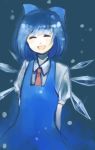  bad_id blue_hair cirno closed_eyes kurasawa_moko necktie open_mouth smile snow touhou wings yuki_(artist) 