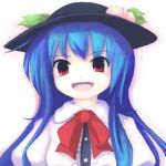  chipika fang food fruit hat hinanawi_tenshi leaf lowres peach red_eyes smile solo touhou 