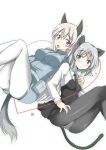  animal_ears aoi_manabu black_legwear blue_eyes blush eila_ilmatar_juutilainen green_eyes heart manabu_aoi multiple_girls panties panties_under_pantyhose pantyhose sanya_v_litvyak silver_hair strike_witches sweat tail underwear white_legwear white_pantyhose 