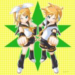  blue_eyes detached_sleeves hair_ornament hairclip headphones kagamine_len kagamine_rin lowres midriff ribbon ribbons short_hair shorts siblings twins vocaloid wink 