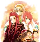  blonde_hair blush gloves green_eyes hairband long_hair lowres luke_fon_fabre natalia_luzu_kimlasca_lanvaldear red_hair redhead short_hair smile surcoat tales_of_(series) tales_of_the_abyss yellow_eyes 