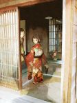 2girls bad_id brown_hair flower grey_eyes hair_flower hair_ornament highres japanese_clothes kimono looking_back mother_and_daughter multiple_girls obi original shigatsuya short_hair slippers traditional_clothes vase