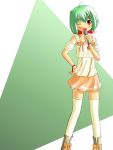  dress fang frills frilly green_hair highres lino macross macross_frontier microphone ranka_lee red_eyes short_hair skirt smile thigh-highs thighhighs wink 