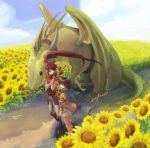  brown_hair dragon field fire_emblem fire_emblem:_souen_no_kiseki fire_emblem_path_of_radiance fire_emblem_radiant_dawn flower flower_field hanakago jill jill_(fire_emblem) long_hair mist mist_(fire_emblem) multiple_girls red_hair redhead short_hair sky sunflower wyvern 