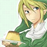  blue_eyes food gloves link lowres male nintendo pointy_ears pudding the_legend_of_zelda 