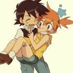  blush carrying closed_eyes green_eyes kasumi_(pokemon) lowres no_hat no_headwear ochappa orange_hair pokemon pokemon_(anime) princess_carry satoshi_(pokemon) smile 