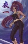  1girl bodysuit breasts character_name closed_mouth dark_skin feet_out_of_frame female hand_on_hip high_ponytail long_hair ponytail purple_hair sash shihouin_yoruichi sideboob skin_tight sleeveless solo standing tied_hair tonbidou yellow_eyes 