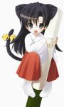  azuma_yuki black_eyes black_hair cat_ears cat_tail japanese_clothes koyori_(play_stationary) long_hair lowres miko play_stationary pole simple_background tail white_background 