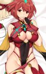  1girl bangs bed_sheet black_gloves breasts center_opening closed_eyes commission dakimakura eyebrows_visible_through_hair finger_to_mouth fingerless_gloves flower gloves hat hat_removed headwear_removed pyra_(xenoblade) large_breasts looking_at_viewer red_eyes redhead short_hair solo straw_hat swept_bangs tiara tony_guisado xenoblade_(series) xenoblade_2 