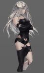  1girl act_(a_moso) android armlet bare_shoulders black_gloves black_legwear black_shorts blue_eyes breasts cropped_legs elbow_gloves gloves grey_background long_hair medium_breasts nier_(series) nier_automata robot_joints short_shorts shorts silver_hair simple_background single_thighhigh solo thigh-highs yorha_type_a_no._2 