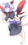  1girl bare_legs barefoot blue_hair breasts commentary_request covered_nipples dress highres hip_vent horns large_breasts multicolored_hair no_bra non_(z-art) red_eyes ribbon short_hair simple_background thighs tokiko_(touhou) touhou two-tone_hair under_boob underboob_cutout wings 