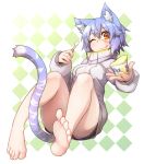  1girl animal_ears barefoot blue_hair blush breasts cat_ears cat_tail convenient_leg feet food highres ice looking_at_viewer medium_breasts one_eye_closed open_mouth orange_eyes original ryota_tentei scar short_hair shorts smile solo tail tongue tongue_out tora_tentei 