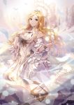  1girl angelia blonde_hair breasts cleavage detached_collar detached_sleeves dress feathers green_eyes halo hand_up highres long_hair looking_at_viewer medium_breasts sdorica_-sunset- solo soyubee very_long_hair white_dress 