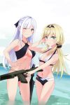  2girls ak-12_(girls_frontline) an-94_(girls_frontline) arrichee bikini blonde_hair blue_eyes breasts cleavage closed_mouth girls_frontline grey_eyes hand_in_hair highres long_hair looking_at_viewer multiple_girls silver_hair simple_background smile swimsuit tagme weapon 