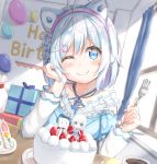  1girl ;) animal_ears antenna_hair arm_support balloon birthday birthday_cake blue_dress blue_eyes blue_flower blue_rose blue_skirt blush box cake cat_ears closed_mouth coffee commentary_request cup curtains day dennou_shoujo_youtuber_shiro dress fingernails flower food fruit gift gift_box grey_sweater hair_flower hair_ornament hairband hands_up head_in_hand head_tilt highres holding holding_food indoors keiran_(ryo170) long_hair long_sleeves looking_at_viewer nail_polish one_eye_closed pink_hairband pink_nails puffy_short_sleeves puffy_sleeves ribbed_sweater rose shiro_(dennou_shoujo_youtuber_shiro) shirt short_over_long_sleeves short_sleeves silver_hair skirt slice_of_cake smile solo strawberry sunlight sweater teacup virtual_youtuber white_shirt window 