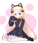  1girl abigail_williams_(fate/grand_order) animal_ears bangs black_bow black_dress black_hat blonde_hair bloomers blue_eyes blush bow bug butterfly cat_ears closed_mouth commentary_request dress eyebrows_visible_through_hair fake_animal_ears fate/grand_order fate_(series) forehead hair_bow hand_up hat head_tilt highres insect kujou_karasuma long_hair long_sleeves looking_at_viewer orange_bow parted_bangs paw_shoes polka_dot polka_dot_bow shoes signature sitting sleeves_past_fingers sleeves_past_wrists solo underwear very_long_hair wariza wavy_mouth white_bloomers 