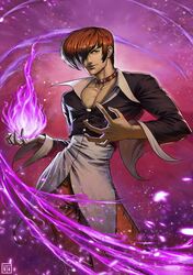  1boy absurdres belt brown_hair choker collarbone fire glint goodotaku hair_over_one_eye highres jacket male_focus pants purple_fire red_eyes red_pants smile snk solo standing the_king_of_fighters watermark yagami_iori 