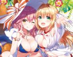  2girls :d ;q animal_ear_fluff animal_ears bangs bikini bikini_top blonde_hair blue_bikini blush breast_press breasts brown_eyes cleavage collarbone commentary_request criss-cross_halter eyebrows_visible_through_hair fate/grand_order fate_(series) fingernails flower fox_ears fox_tail green_eyes halterneck hat hood hood_down jewelry large_breasts looking_at_viewer masuishi_kinoto multiple_girls necklace nero_claudius_(fate)_(all) nero_claudius_(swimsuit_caster)_(fate) one_eye_closed open_mouth outstretched_hand pink_hair ribbon see-through shiny shiny_hair simple_background smile striped striped_bikini swimsuit tail tamamo_(fate)_(all) tamamo_no_mae_(fate) tamamo_no_mae_(swimsuit_lancer)_(fate) tongue tongue_out upper_body 