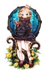  1girl :o abigail_williams_(fate/grand_order) animal_print bangs black_bow black_jacket blonde_hair blue_eyes blush bow commentary_request crossed_bandaids eyebrows_visible_through_hair fate/grand_order fate_(series) flower full_body hair_bow hair_bun jacket lokyin_house long_hair long_sleeves looking_at_viewer object_hug orange_bow parted_bangs parted_lips polka_dot polka_dot_bow red_bow red_footwear shoes sleeves_past_fingers sleeves_past_wrists solo standing stuffed_animal stuffed_toy suction_cups teddy_bear tentacle tiger_print white_background yellow_flower 