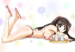 1girl bikini black_eyes black_hair breasts commentary_request cup full_body kinfuji looking_at_viewer lying medium_breasts on_stomach original pink_bikini sandals side-tie_bikini smile solo swimsuit tray twintails white_background yunomi 