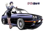  1girl absurdres belt black_footwear blue_hair bmw breasts car cellphone cleavage coffee_cup contrapposto cup disposable_cup goodotaku ground_vehicle high_heels highres leaning medium_breasts motor_vehicle office_lady pantyhose papers pen pencil_skirt phone pocket short_hair skirt standing 