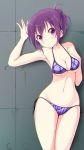  1girl against_wall arm_up bangs bikini breasts cleavage clenched_hand commentary cowboy_shot gochuumon_wa_usagi_desu_ka? hair_up highres leaning_to_the_side looking_at_viewer medium_breasts navel parted_lips pix_mloof plaid plaid_bikini purple_bikini purple_hair short_hair side-tie_bikini solo standing swimsuit tedeza_rize tied_hair violet_eyes 