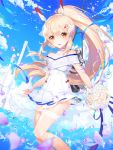  1girl apple_caramel ayanami_(azur_lane) azur_lane bangs bare_shoulders blonde_hair blue_ribbon blue_sky bouquet brown_eyes clouds commentary_request covered_navel day dress eyebrows_visible_through_hair flower hair_between_eyes headgear high_ponytail highres holding holding_bouquet horizon long_hair machinery ocean outdoors parted_lips petals pillar pleated_dress ponytail revision ribbon rose see-through short_dress sky smile solo standing very_long_hair water white_dress white_flower white_rose 