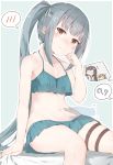  3girls aqua_background arashio_(kantai_collection) bikini black_hair blush brown_eyes brown_hair closed_eyes closed_mouth commentary_request eyebrows_visible_through_hair female_admiral_(kantai_collection) green_bikini grey_hair highres jewelry kantai_collection kasumi_(kantai_collection) long_hair looking_at_viewer multiple_girls open_mouth ring side_ponytail simple_background sitting spoken_blush swimsuit thigh_strap yui_(seiga) 