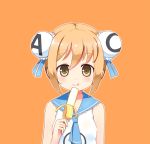  1girl acfun acfun_girl blue_ribbon blush breasts brown_eyes bun_cover closed_mouth double_bun eyebrows_visible_through_hair linda_b looking_at_viewer medium_breasts orange_background orange_hair ribbon short_hair simple_background sleeveless smile solo tongue tongue_out 