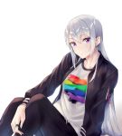 1girl arm_support collarbone earrings expressionless higuchi_kaede hiiragii_(hiiragi_0404) jacket jewelry long_hair looking_at_viewer mole mole_under_eye nijisanji pants ring shirt silver_hair t-shirt torn_clothes torn_pants violet_eyes virtual_youtuber white_background 