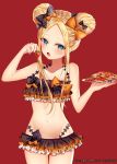 1girl :o abigail_williams_(fate/grand_order) absurdres bangs bare_arms bare_shoulders bikini black_bikini black_bow blonde_hair blue_eyes blueberry blush bow collarbone commentary cowboy_shot double_bun emerald_float eyebrows_visible_through_hair fate/grand_order fate_(series) food forehead fruit hair_bow halter_top halterneck head_tilt highres holding holding_food holding_plate junpaku_karen long_hair looking_at_viewer navel open_mouth orange_bow pancake parted_bangs pixiv_id plate polka_dot polka_dot_bow red_background side_bun sidelocks simple_background solo standing strawberry swimsuit thigh_gap 