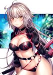 1girl ahoge artist_name bikini black_bikini black_jacket blush breasts choker cleavage closed_mouth collarbone commentary_request cowboy_shot cropped_jacket eyebrows_visible_through_hair fate/grand_order fate_(series) frown jacket jeanne_d&#039;arc_(alter)_(fate) jeanne_d&#039;arc_(alter_swimsuit_berserker) jeanne_d&#039;arc_(fate)_(all) large_breasts lips long_hair looking_at_viewer midriff navel o-ring outside_border saruei solo strap_pull sweatdrop swimsuit thighs yellow_eyes 
