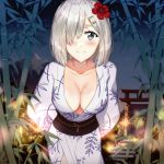  1girl arms_behind_back bamboo bamboo_forest blush breasts cleavage collarbone flower forest grey_eyes hair_flower hair_ornament hair_over_one_eye hamakaze_(kantai_collection) highres japanese_clothes kantai_collection kimono large_breasts leaning_forward looking_at_viewer marie_mushroom nature night obi outdoors print_kimono red_flower sash short_hair silver_hair sky smile solo star_(sky) starry_sky torii white_kimono 