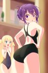  :d :o ass bangs black_swimsuit blue_swimsuit blurry blurry_background blush commentary depth_of_field eyebrows_visible_through_hair from_behind gochuumon_wa_usagi_desu_ka? hair_up hands_on_hips hands_together highres indoors interlocked_fingers kirima_sharo looking_at_another looking_at_viewer looking_back one-piece_swimsuit open-back_swimsuit open_mouth pix_mloof purple_hair school_swimsuit short_hair smile standing swimsuit tedeza_rize tied_hair violet_eyes 