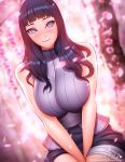  1girl bangs between_legs black_hair blunt_bangs blurry blurry_background blush breasts commentary english_commentary hand_between_legs hyuuga_hinata large_breasts long_hair looking_at_viewer naruto naruto_(series) no_pupils patreon_username pink_lady_mage simple_background sleeveless smile solo v_arms violet_eyes 