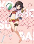  1girl ass_visible_through_thighs ball beachball belt bikini black_hair blush frills gold_trim highres jacket kono_subarashii_sekai_ni_shukufuku_wo! looking_at_viewer megumin mishima_kurone navel official_art open_mouth red_eyes short_hair side-tie_bikini smile solo swimsuit 