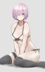  1girl be9459 between_legs bikini black-framed_eyewear black_legwear breasts cleavage closed_mouth collarbone commentary_request fate/grand_order fate_(series) grey_background hair_over_one_eye hand_between_legs highres large_breasts lavender_hair looking_at_viewer mash_kyrielight purple_hair short_hair side-tie_bikini solo swimsuit thigh-highs thigh_strap violet_eyes 
