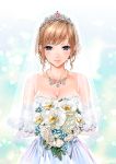  1girl bare_shoulders blue_eyes blush bouquet breasts bride brown_hair cleavage closed_mouth collarbone copyright_request dress earrings flower jewelry large_breasts looking_at_viewer mizutani_tooru necklace smile solo tiara veil 