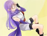  1girl adjusting_eyewear bare_shoulders between_legs black_footwear black_gloves boots breasts commentary_request detached_sleeves fingerless_gloves gintama glasses gloves hand_between_legs japanese_clothes long_hair mole mole_under_eye purple_hair purple_scarf red-framed_eyewear sarutobi_ayame scarf shinomy signature simple_background sitting smile solo violet_eyes yellow_background 