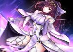  1girl bangs bare_shoulders boots breasts cleavage dress fate/grand_order fate_(series) fur_trim hair_between_eyes high_ponytail jewelry lace_trim large_breasts long_hair looking_at_viewer night night_sky pink_dress purple_hair red_eyes rei_kun scathach_(fate)_(all) scathach_(fate/grand_order) scathach_skadi_(fate/grand_order) sky smile solo star_(sky) starry_sky thigh-highs thigh_boots tiara wand 