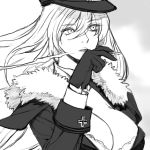  1girl azur_lane breasts cigarette cleavage gloves graf_zeppelin_(azur_lane) greyscale hat highres long_hair looking_away military military_hat military_uniform monochrome radiocupcake simple_background smoking solo uniform 