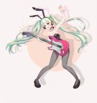  1girl :o animal_ears aqua_hair arm_up bare_shoulders black_choker black_footwear bow breasts bunnysuit choker cleavage fake_animal_ears full_body guitar hatsune_miku headphones headset instrument long_hair medium_breasts music obli pantyhose playing_instrument red_eyes solo standing star twintails very_long_hair vocaloid white_bow wrist_cuffs 
