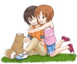  2girls :d ;d afterimage bangs blue_shorts brown_eyes brown_hair brown_pants commentary_request dog eyebrows_visible_through_hair girls_und_panzer grass kneeling looking_at_another looking_back motion_lines multiple_girls mutsu_(layergreen) nishizumi_maho nishizumi_miho one_eye_closed open_mouth orange_shirt pants petting pink_shirt purple_footwear shiba_inu shirt shoes short_hair short_sleeves shorts siblings sisters sitting smile tank_top white_background white_footwear younger 