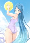  1girl :d arched_back arms_up ass ball bare_arms bare_shoulders blue_eyes blue_hair blue_sky blush breasts clouds commentary_request company_connection day from_behind gradient_hair highres holding holding_ball kantai_collection koru_pera light_blue_hair long_hair looking_at_viewer looking_back multicolored_hair open_mouth samidare_(kantai_collection) shiny shiny_hair sky small_breasts smile solo straight_hair swimsuit thighs very_long_hair white_swimsuit 