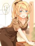  1girl :d ayase_eli blonde_hair blue_eyes blush bow breasts brown_apron brown_bow brown_shirt cleavage cloth collarbone commentary_request eyebrows_visible_through_hair hair_between_eyes hair_bow leaning_forward love_live! love_live!_school_idol_project mogu_(au1127) notice_lines open_mouth shirt smile solo striped striped_shirt translated wiping 