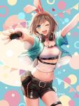  1girl a.i._channel alternate_hairstyle artist_name belt breasts brown_hair cowboy_shot fingerless_gloves gloves hairband headphones headphones_around_neck highres jacket kizuna_ai looking_at_viewer medium_breasts midriff multicolored_hair navel one_eye_closed open_mouth outstretched_arms pink_hair short_hair short_shorts short_sleeves shorts signature siren_(artist) smile solo strapless tubetop virtual_youtuber 
