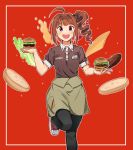  1girl black_pants blush brown_hair brown_shirt collared_shirt drill_hair eyebrows_visible_through_hair food hamburger holding holding_food idolmaster idolmaster_million_live! idolmaster_million_live!_theater_days kamille_(vcx68) looking_at_viewer lotteria open_mouth pants scrunchie shirt shoes short_hair short_sleeves side_drill smile sneakers solo teeth violet_eyes yokoyama_nao 